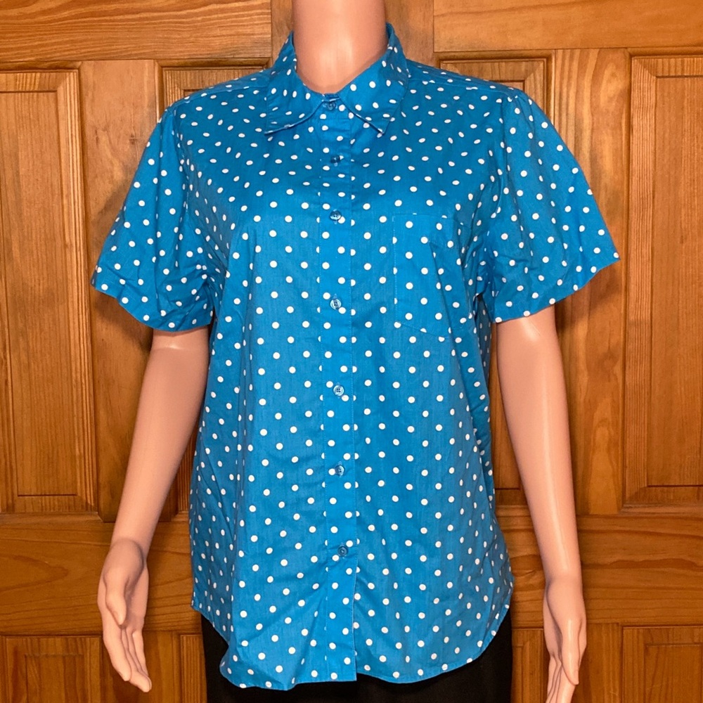 NWOT Bedford Fair Vintage 90s Top Short Sleeve Blouse Blue White Size L Large